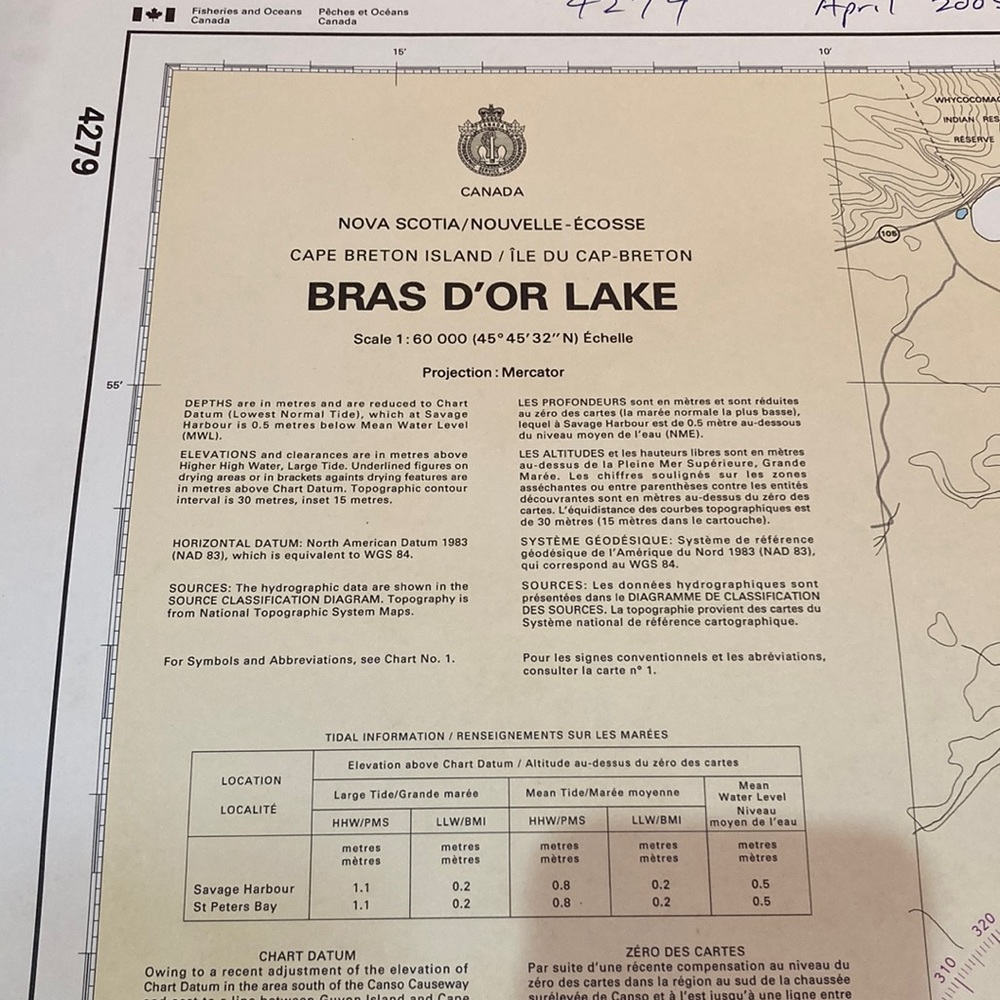 Canadian Hydrographic Service #4279 “Beautiful” Bras D’Or Lake, Cape Breton NS